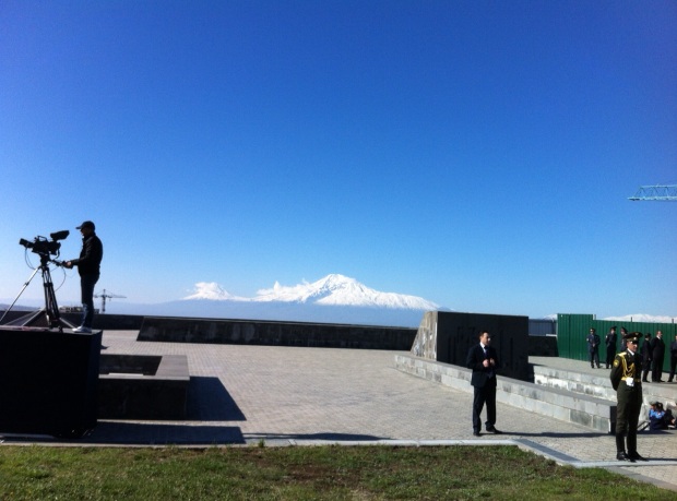 Cameraman and Mt. Ararat at Tsitsernakaberd, the Armenian Genocide Memorial